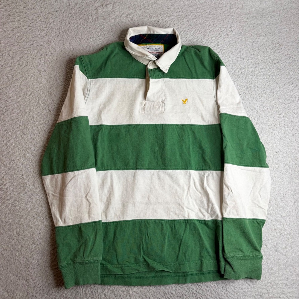 American Eagle Mens Green White Striped Rugby Shirt Long Sleeve Varsity M y2k